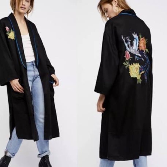 free people embroidered bird flower duster coat M